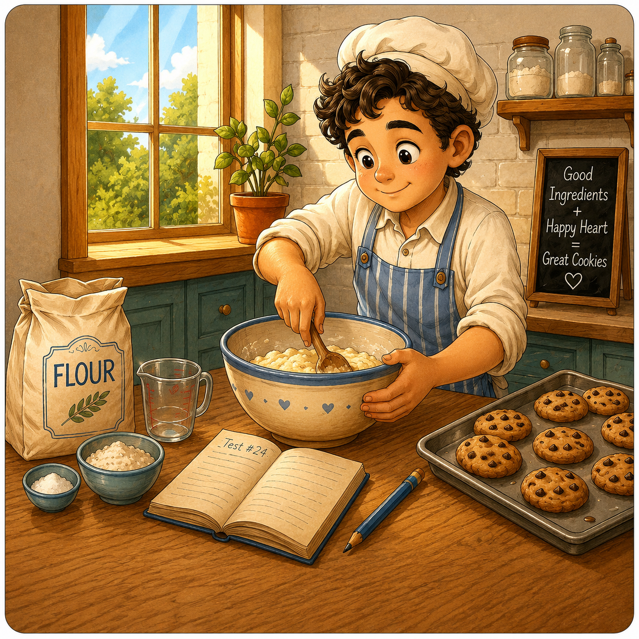 Miguel baking in his kitchen